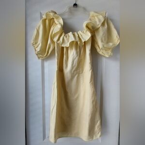 H&M Yellow Off Shoulder Mini Dress Ruffle Collar Puff Sleeve Peasant XS Fairy